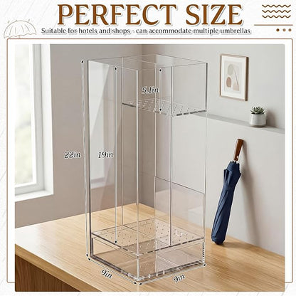 Leinuosen 9 x 9 x 22 Inch Clear Acrylic Umbrella Stand Organizer, Thick Freestanding Entryway Umbrella Holder with Long and Short Compartments, Modern Storage Rack for Home, Office and Lobby