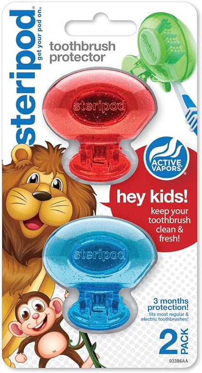 Steripod Kids' Clip-On Toothbrush Protector, Keeps Toothbrush Fresh and Clean, Fits Most Manual and Electric Toothbrushes, Red and Blue Glitter, 2 Count
