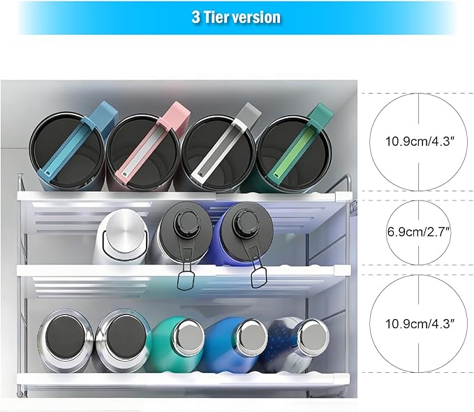 YAN & HIN Expandable Water Bottle Organizer for Cabinet, 3 Tier Tumbler Organizer, Adjustable Bottle Holder for Stanley, Hydro Flask, Kitchen Pantry Storage Rack (2 Pack)