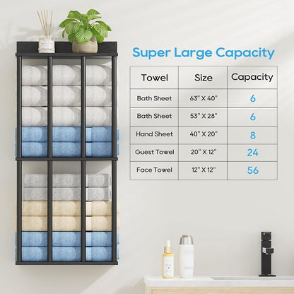 Towel Racks for Bathroom Wall Mounted, Updated 4 Bar Wall Towel Holder | Large Bathroom Towel Storage Rack for Rolled Towels, Modern Metal Towel Organizer Shelf with Wooden Storage Shelf