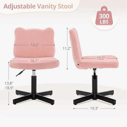 LUE BONA Adjustable Vanity Stool Chair with Girly Bear Ear Wide Back, 360° Swivel Vanity Stool for Makeup Room, Upholstered Teddy Velvet Ottoman for Girls, 350lbs, Pink