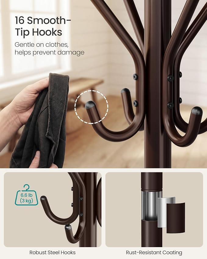 SONGMICS Coat Rack Freestanding with 16 Hooks, Metal Coat Tree Stand with 4 Adjustable Feet, Clothes Hanger Stand for Entryway Bedroom Living Room Hallway Office,Bronze URCR083MZ01S