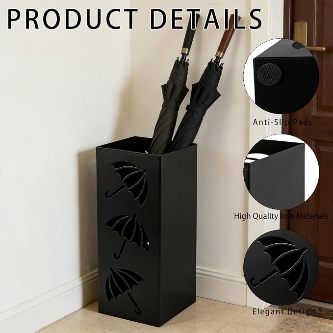 Metal Umbrella Holder, Square Freestanding Umbrella Stand Bucket Storage Indoor for Entryway, 6.3 x 6.3 x 16.3 Inch - Black
