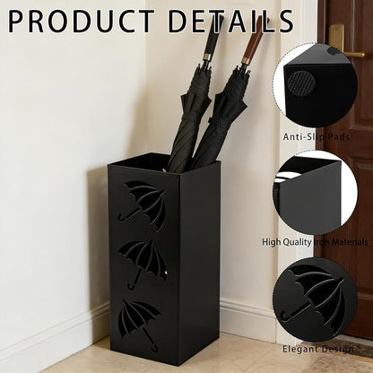 Metal Umbrella Holder, Square Freestanding Umbrella Stand Bucket Storage Indoor for Entryway, 6.3 x 6.3 x 16.3 Inch - Black