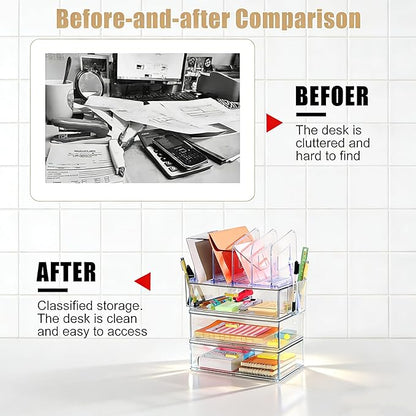 Acrylic Desk Organizer with 4-Vertical File Holder Rack, 3-Clear Drawer and 2 Pen Holders, Desktop Storage for Office Desk Accessories School Classroom Organization (Clear)