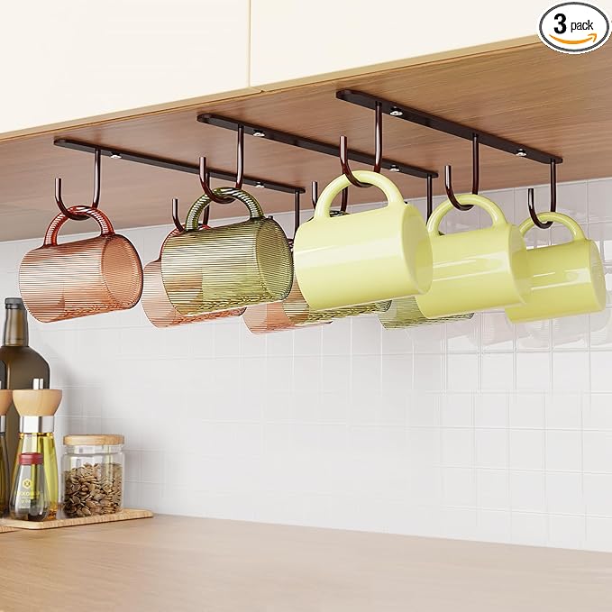 Luckinow 3 Pack Mug Hooks Under Cabinet, Coffee Mug Holder for Hanging Under Shelf, Cup Hanger with 9 Hooks for Displaying Mugs, Coffee Cups and Kitchen Utensils, Brown