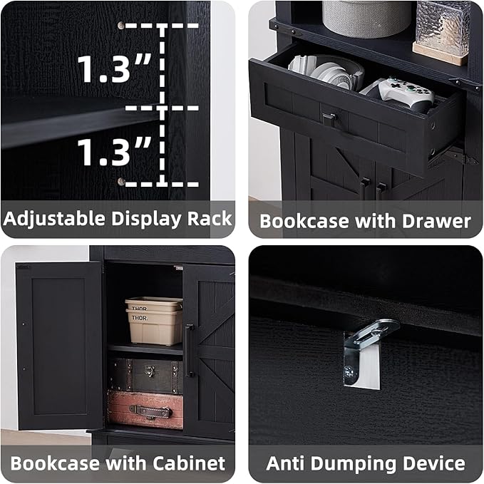72in Tall Bookshelf 7 Tier Bookcase with Drawer and Barn Doors and Adjustable Shelves, Black Farmhouse Book Shelf with Storage Cabinet, Wood Freestanding Display Bookshelves for Kitchen (3PCS)