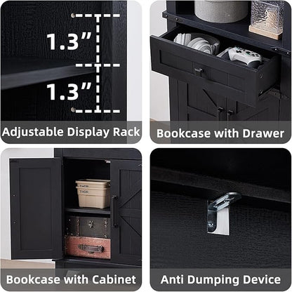 72in Tall Bookshelf 7 Tier Bookcase with Drawer and Barn Doors and Adjustable Shelves, Black Farmhouse Book Shelf with Storage Cabinet, Wood Freestanding Display Bookshelves for Kitchen (3PCS)