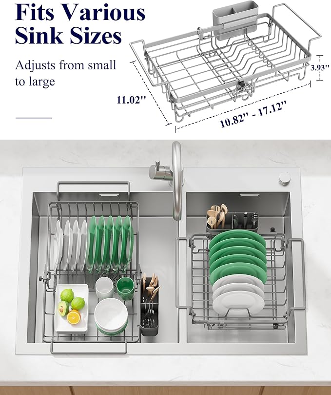 Kitsure Dish Drying Rack – Expandable in-Sink or Over-Sink Dish Rack for Kitchen Counter, Rust-Resistant Metal Dish Strainer with Cutlery Holder, 10.82"-17.12" L x 11.02" W x 3.93" H, Grey