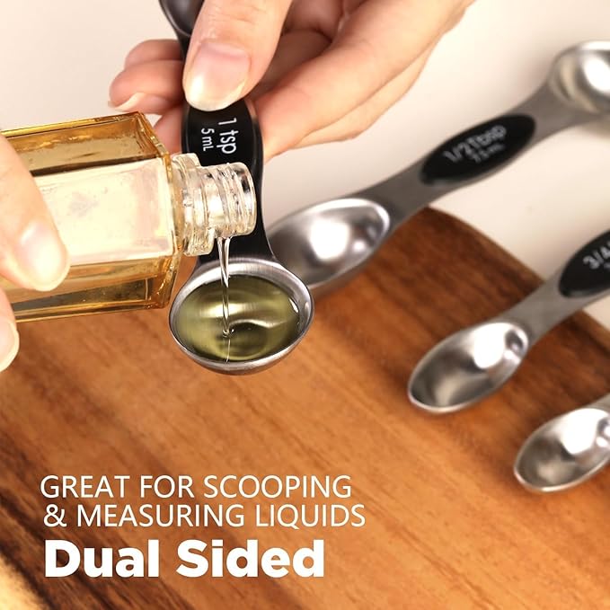 ChefAide Pack of 8 Stainless Steel Magnetic Measuring Spoons Set, Dual Sided, Stackable, Adjustable Teaspoon and Tablespoon Measure Spoon with Leveler, Kitchen Gadgets Set 5