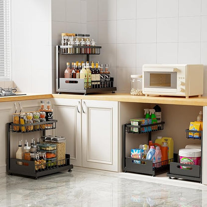 Under Sink Organizer Storage 2-Tier Premium Metal Pull-Out Kitchen Cabinet Organizer with Sliding Drawer, Height Adjustable, Heavy Duty for Kitchen & Bathroom Organizers 1 Pack Black