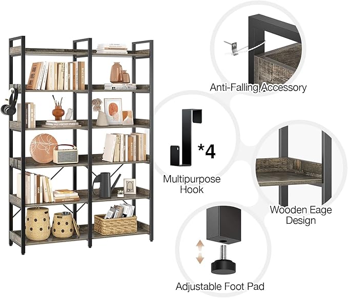 Seventable Bookshelf 6 Tier with 4 Hooks, 67” Industrial Wooden Bookcase, Vintage Storage Rack with Open Shelves, Rustic Standing Bookshelves Metal Frame 43.3” Wide Display Rack, Rustic Brown