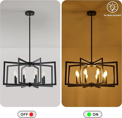 8-Light Modern Farmhouse Black Geometric Chandelier, Adjustable Height Dining Room Light Fixtures Over Table, Large Industrial Metal Chandeliers for Dining Room Kitchen Island Entryway