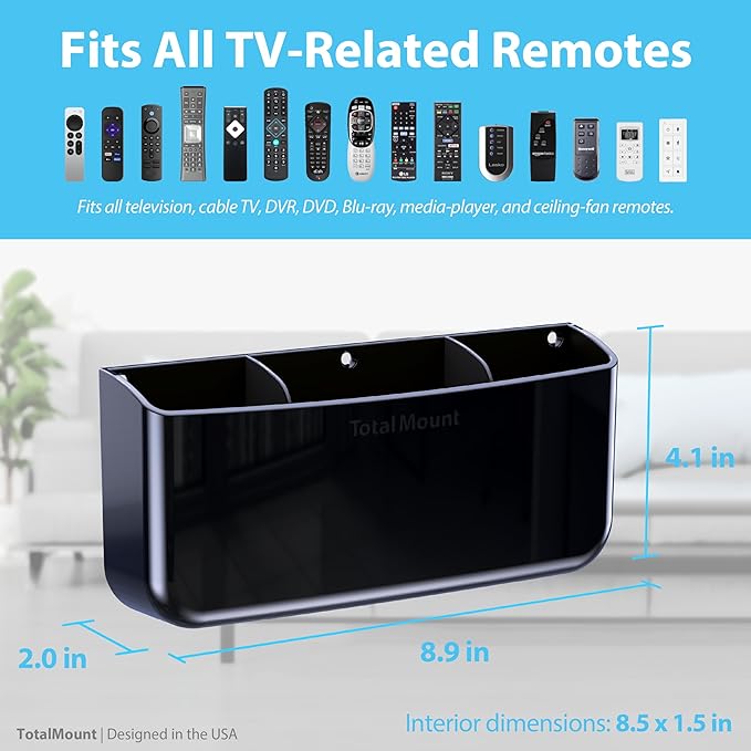 TotalMount Hole-Free Remote Holder – Eliminates Need to Drill Holes in Your Wall (Premium Black Holder for 3 or 4 Remotes)