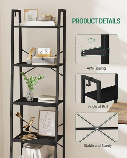 Ladder Shelf, Bookshelf Bookcase, Freestanding Corner Storage Shelve with 2 Hooks for Home Office, Living Room, Kitchen, Bedroom, Industrial, 11.8" D x 17.3" W x 63" H, Black BC19204B