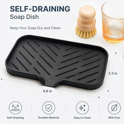MicoYang Silicone Soap Dish with Drain Spout — Self-Draining Sink Organizer Tray for Bathroom & Kitchen, Sponges, Dispensers & Soap Holder, Non-Slip & Dishwasher Safe, Black (Medium, 9.6"×5.3")