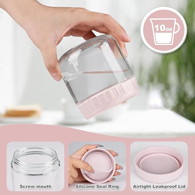 SHOWIN Overnight Oats Containers with Lids, 10oz Glass Jars with Lids 4 pcs, Pink, Wide Mouth Mason jars for Salad, Yogurt, Snacks, Meal Prep