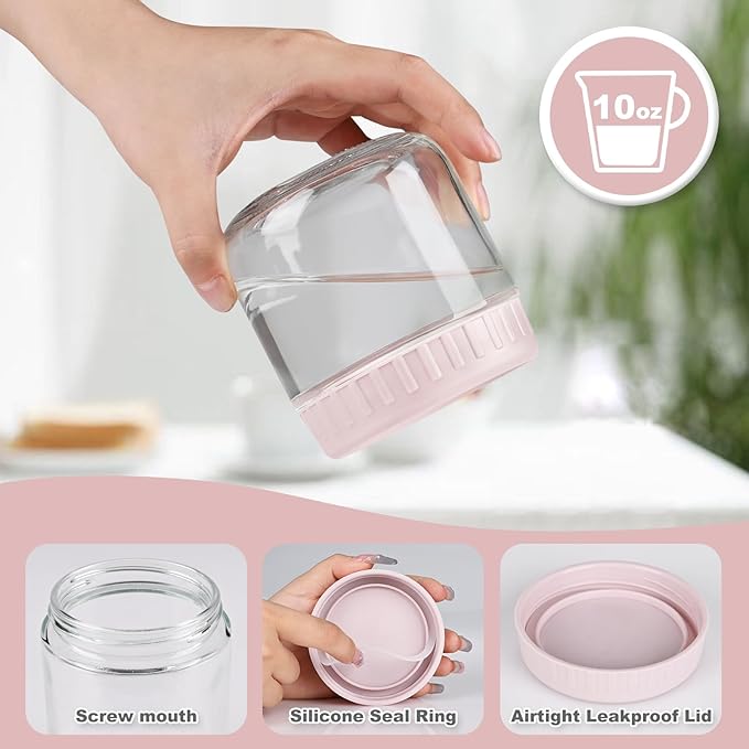 SHOWIN Overnight Oats Containers with Lids, 10oz Glass Jars with Lids 2 pcs, Pink, Wide Mouth Mason jars for Salad, Yogurt, Snacks, Meal Prep
