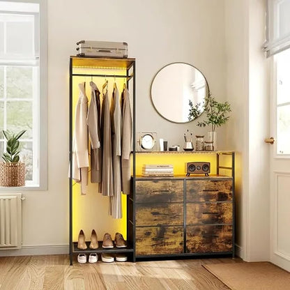 Heavy Duty Garment Rack with Fabric Drawers and LED Light, Freestanding Portable Closet Wardrobe Systems with Shelves for Bedroom, Entryway, Apartment