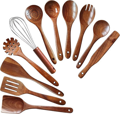 Wooden Spoons for Cooking 11 Pieces Set, High Quality Wooden Kitchen Utensil Set, Wooden Utensil Set, With Strainer Spoon, Pasta server, Fried Spatula and Salad Fork, Egg Beater, Butter Spreader