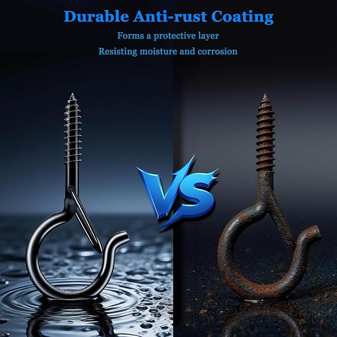 24 Pack Black Screw Hooks with Safety Buckle - 2.3 Inch Rustproof Eye Ceiling Hooks for Hanging Plants,Outdoor String Lights,Baskets,Christmas Lights & Decor,40lb Capacity (24, Black)