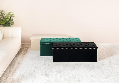 PINPLUS Folding Storage Ottoman Bench, Black Faux Leather Long Ottoman Chest, Footrest Seat, Blanket Storage for Living Room Bedroom Office Hallway, 43.3"x15"x15"