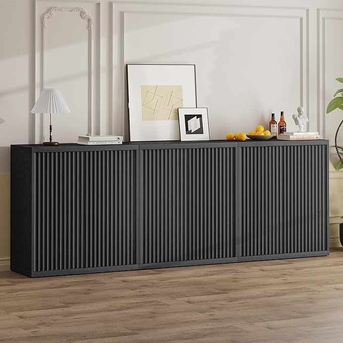 31” Sideboard Cabinet with Storage, Fluted Accent Cabinet with Adjustable Shelves, Modern Wood Credenza Cabinets with Pop-up Doors for Entryway Kitchen Living Room Hallway, Black 3pcs