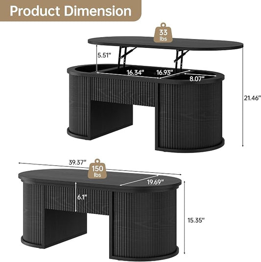 Fluted Lift Top Coffee Table with Storage, Oval Living Room Center Table with Hidden Compartment, Modern Mid-Century Wood Coffee Table for Small Spaces, Home Office, Living Room, Black