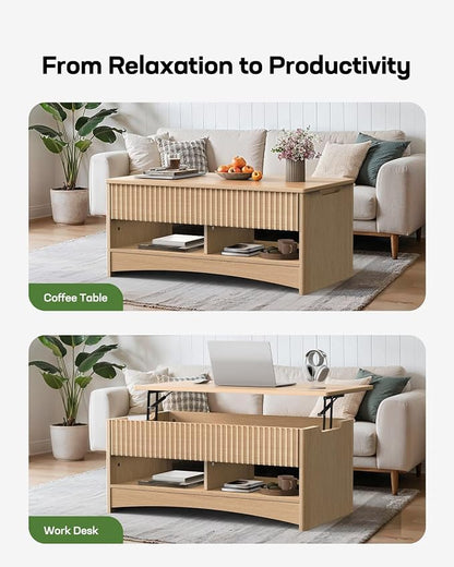 Marsail Lift-Top Coffee Table, Fluted Center Table with Hidden Compartments, Smooth Lifting & Space-Saving Design, Versatile Wood Coffee Table for Living Room and Office, Oak