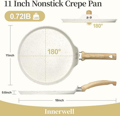 Innerwell 11 inch Nonstick Crepe Pan, Granite Coating Flat Skillet Dosa Tawa Tortilla Pan, White Large Pancake Griddle Comal Pan, Compatible with All Stovetops, PFOA Free
