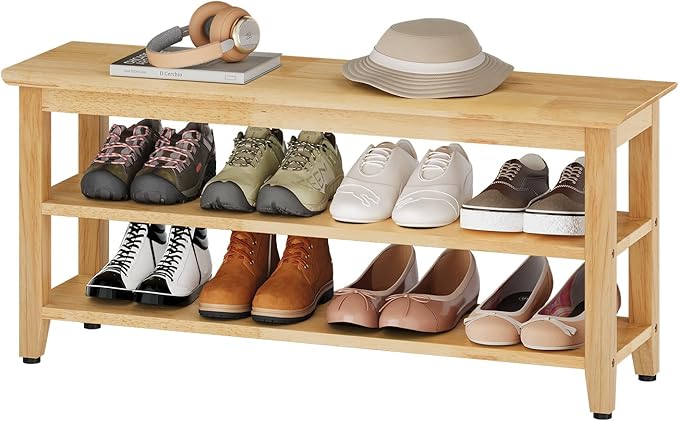 Wood Shoe Bench for Entryway,Bench with Shoe Rack,Storage Shoe Organizer for Hallway,Living Room,Bedroom (Natural, 39.37''W×11.81‘’D×17.71‘’H)