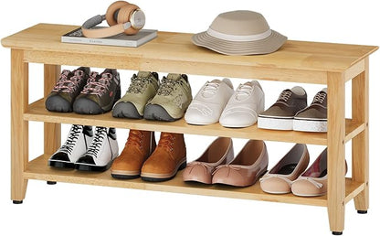 Wood Shoe Bench for Entryway,Bench with Shoe Rack,Storage Shoe Organizer for Hallway,Living Room,Bedroom (Natural, 39.37''W×11.81‘’D×17.71‘’H)