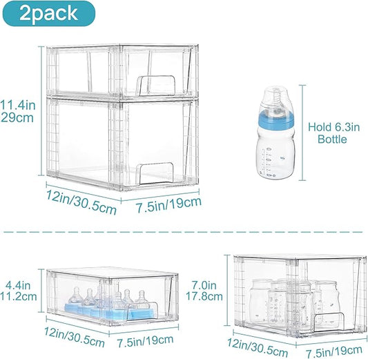 Vtopmart 4 Pack Clear Stackable Storage Drawers,Under Sink and Kitchen Organizers Storage,Easy to Assemble Plastic Drawers for Baby Bottle,Medicine, Bathroom,Cabinet and Pantry Organization