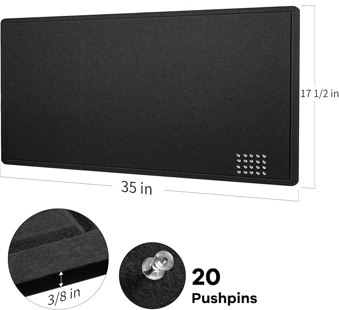 Bulletin Board, 35 x 17 1/2 inches Felt Board - Decorative Pin Board, Cork Board Alternative for Wall, Foldable Self-Adhesive Vision Board Prayer Board with 20 Pushpins Black