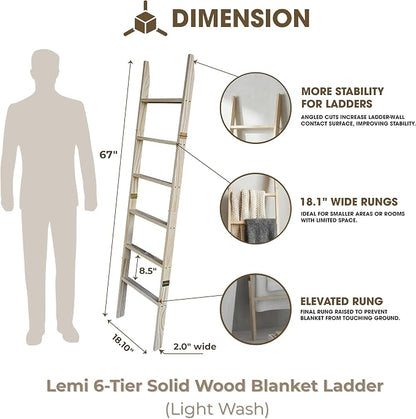 Blanket Ladder for Living Room 6-Tier, Wooden Decorative Quilt Holder for Bed Room, Wall-Leaning Towel Rack for Bathroom, Decorative Blanket Ladder Wood for Home Decor & Display (Light Wash)