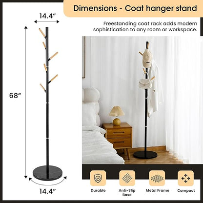 A&M Coat Rack Freestanding with 6 Wooden Hooks & Marble Base - 18 lbs Metal Coat Tree Stand for Hanging Clothes, Hats, Bags, & Jackets - Heavy Duty Purse Rack Stand for Entryway, Bedroom & Office