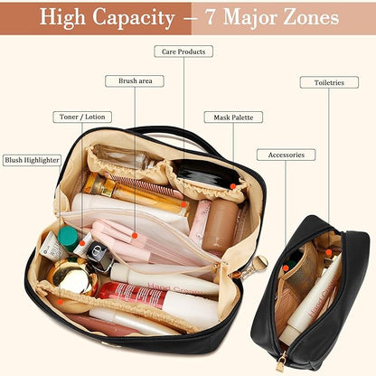 Valentines Day Gifts for Women Teen Girl, Personalized Initial Makeup Organizer Bag Set, Open Flat Travel Cosmetic Bag With Clear Divider and Handle(Black,L)