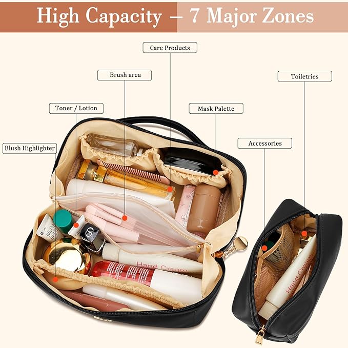 Valentines Day Gifts for Women Teen Girl, Personalized Initial Makeup Organizer Bag Set, Open Flat Travel Cosmetic Bag With Clear Divider and Handle(Black,K)