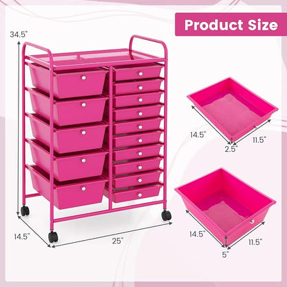 GOFLAME 15-Drawer Rolling Storage Cart, Craft Storage Cart with Removable Drawers & Lockable Wheels, Art Cart Supply Storage Organizer for Home Office Classroom, Hot Pink
