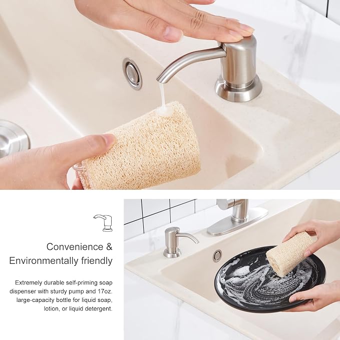 GAGALIFE Built in Sink Soap Dispenser or Lotion Dispenser for Kitchen Sink, Brushed Nickel ABS Pump Head, with 17 Ounce Large PET Soap Bottle
