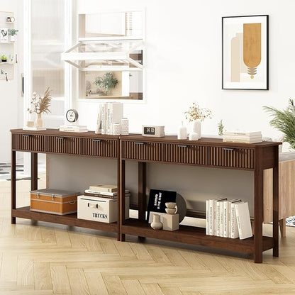 Set of 2 Console Table with Drawers, Modern 47.1" Entryway Table with Storage Shelf, Boho Narrow Skinny Behind Couch Wood Sofa Table for Living Room Hallway Entrance Foyer,Walnut