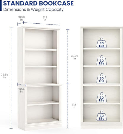 72 in Tall Bookcase, Cream White 31.3 in Wide Floor Standing Bookshelf, 5 Tier Large Floor Standing Display Storage Shelves with Adjustable Shelves for Living Room Hallway Home Office Bedroom