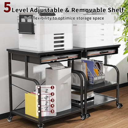 TFK 3-Tier Printer Stand with Drawer, Adjustable Shelf, Rolling Casters, 23.6 x 18.9 x 30 Inch Heavy Duty Printer Cart for Home Office, Large Printers, 3D Printers, Fax & Heat Press, Black