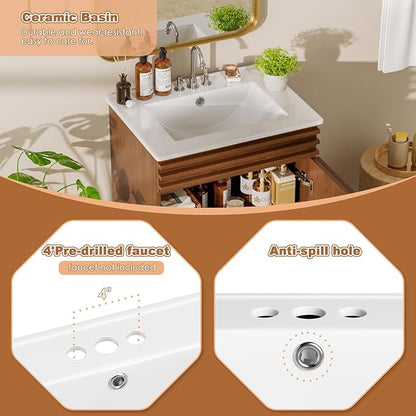 ROOMTEC 24" Walnut Modern Freestanding Bathroom Vanity Sink with Storage, 2 Levels, 2 Compartments, Undermount Ceramic Sink