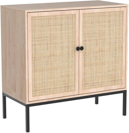 Yechen 31.5" Sideboard Cabinet with Natural Rattan Decorated Doors, Rattan Cabinet, Accent Buffet Console Storage Cane Credenza Cupboard, for Living Room Dining Room Entryway Kitchen, Metal Legs