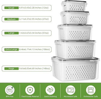 5 Pack Fruit Storage Containers for Fridge with Removable Colanders - Food Storage Containers with Lids, BPA-Free Produce Containers Keep Fruits, Vegetables, Berry, Meat Fresh Longer