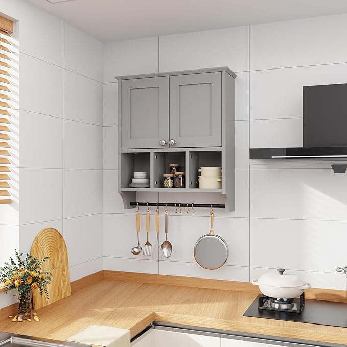 Over-The-Toilet Bathroom Storage Cabinet with Towel Bar, Space-Saving Wall Mounted Medicine Cabinet, 2 Doors & 1 Adjustable Shelf, Easy Install Grey Finish for Bathroom, Kitchen, Living Room