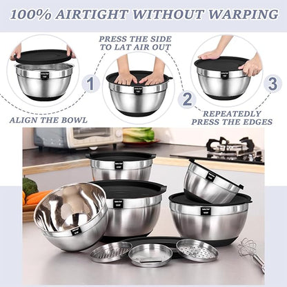 Umite Chef Mixing Bowls with Airtight Lids, 8PCS Stainless Steel Nesting Mixing Bowls Set, 3 Grater Attachments & Non-Slip Bottoms, Black Kitchen Bowls, Size 5, 4, 3.5, 2, 1.5QT for Baking & Serving