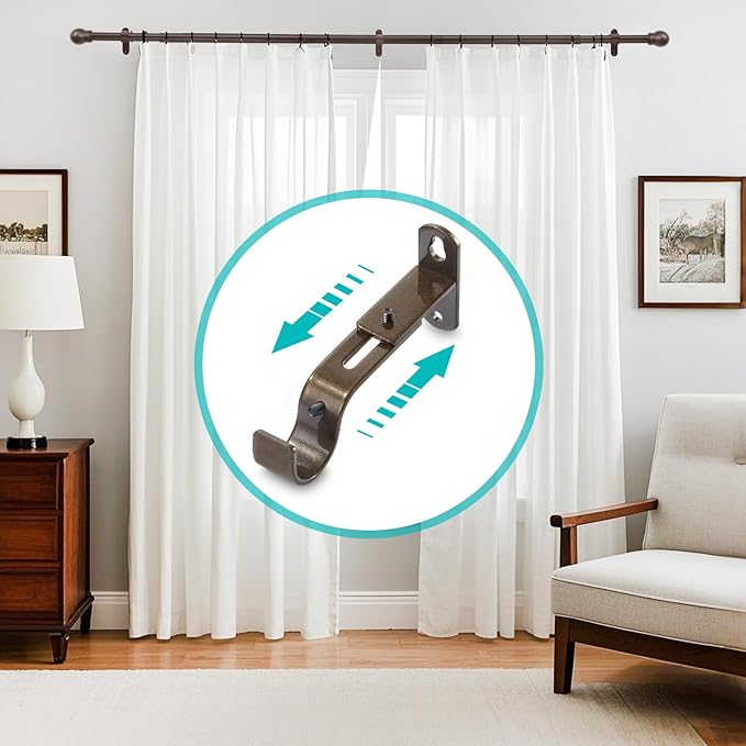Adjustable Curtain Rod Brackets, Metal Window Drapery Rod Hanger Holders Hooks for 1 inch Rods (Brown, Set of 2)
