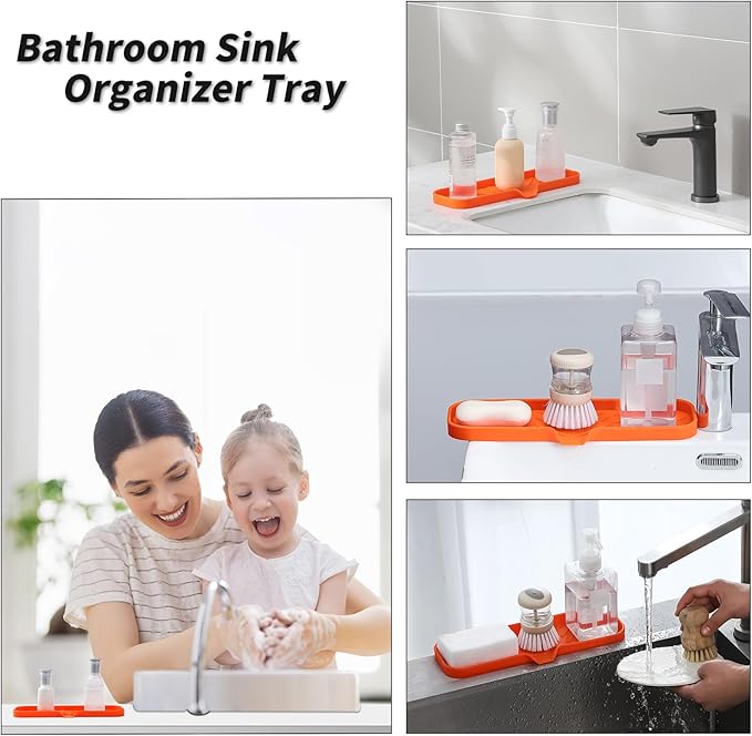 MicoYang Silicone Soap Dish with Drain Spout — Self-Draining Double Sink Organizer Tray for Kitchen & Bathroom, Dispensers, Sponges & Soap Holder, Non-Slip & Dishwasher Safe, Orange (Large, 12"×4")